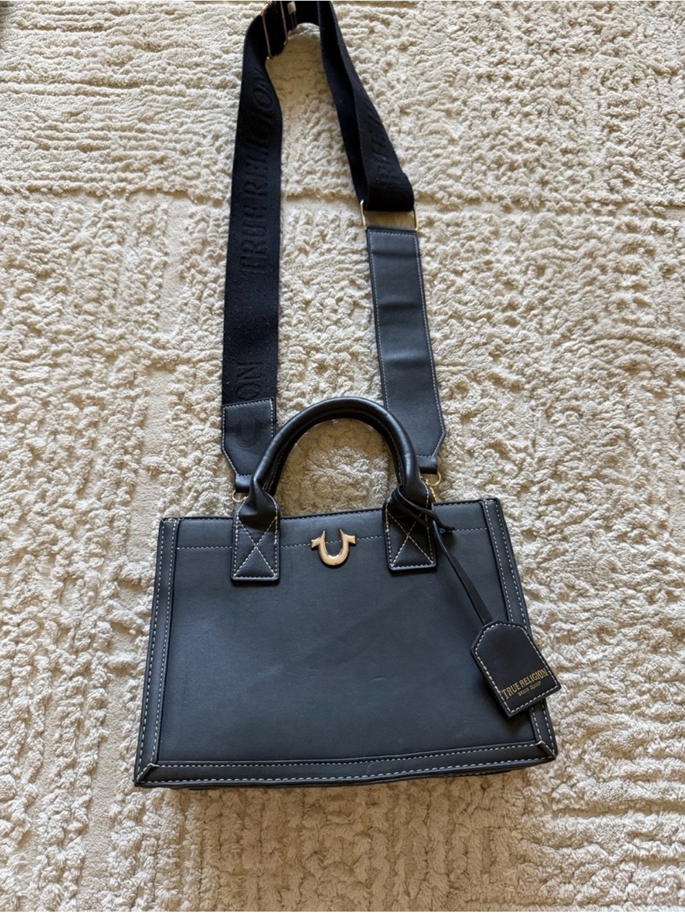 True Religion Black Structured Satchel Crossbody Bag Gold Logo Wide Strap